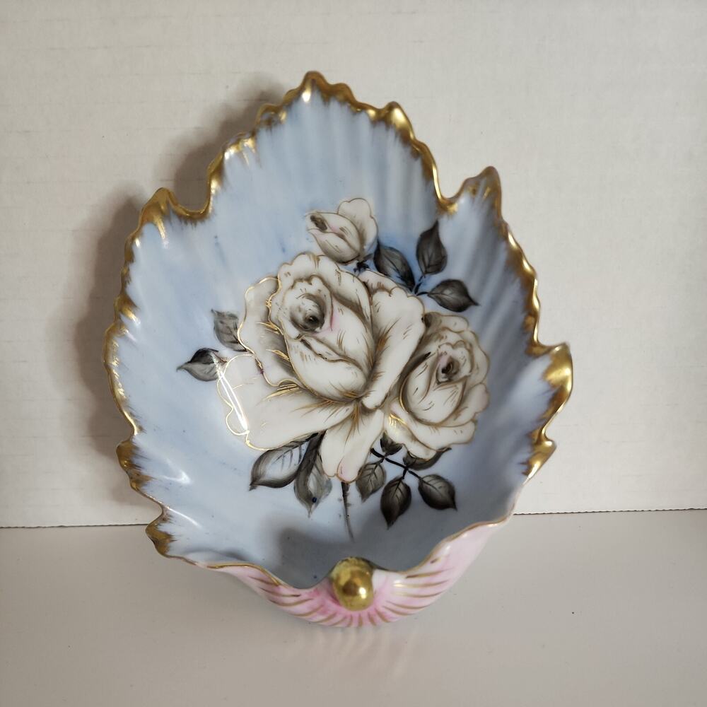 Vtg Chubu China Hand Painted Shell Shaped Trinket Dish Rose Pale Blue, Pink